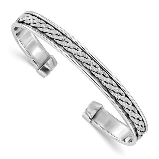 Sterling Silver Rhodium Plated Polished/Braided Cuff Bangle