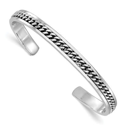 Sterling Silver Rhodium Plated Polished Curb Link Cuff Bangle