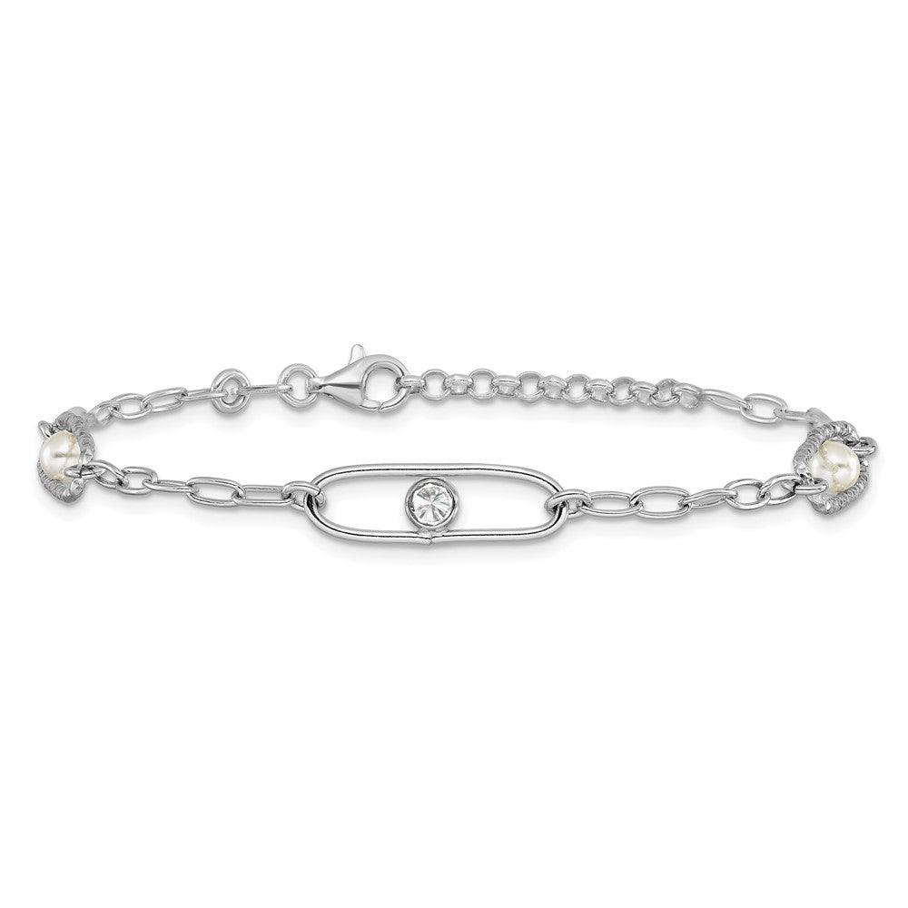 Sterling Silver Rh Plated Cz And Crystal Pearl 1In Ext. Bracelet