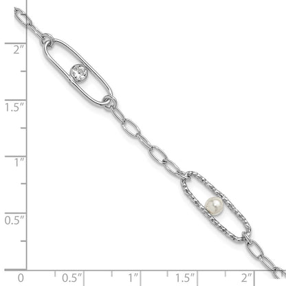 Sterling Silver Rh Plated Cz And Crystal Pearl 1In Ext. Bracelet
