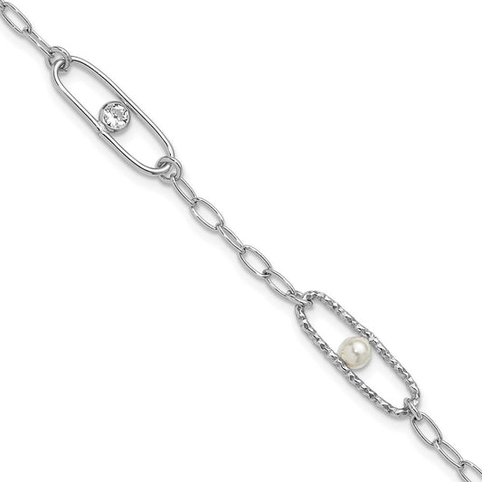 Sterling Silver Rh Plated Cz And Crystal Pearl 1In Ext. Bracelet