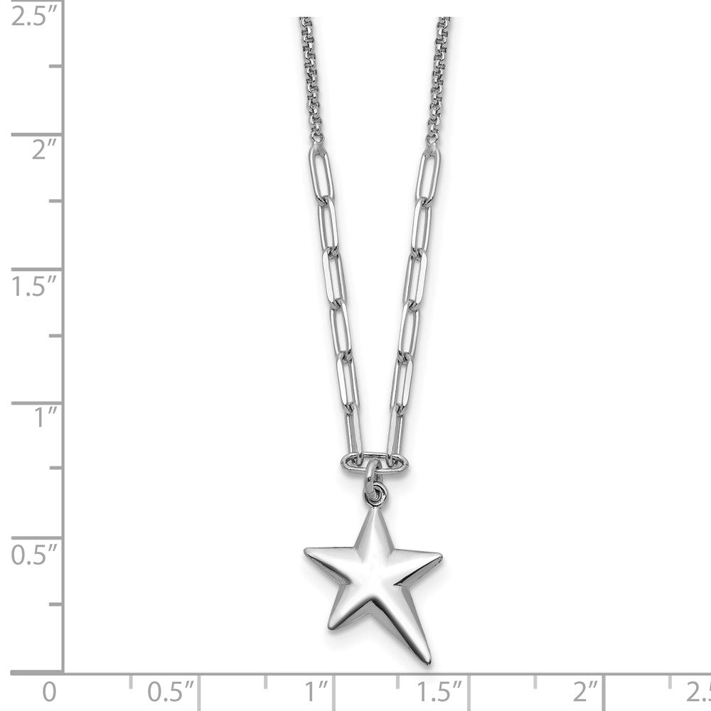 Sterling Silver Ss Rh Plated Polished Star Pendant 1.25In Ext. Necklace