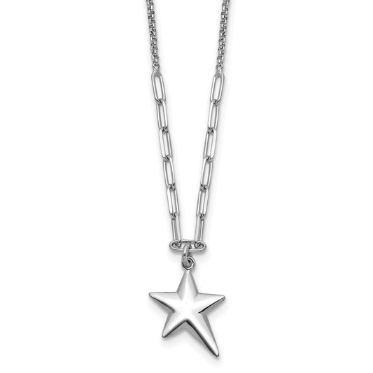 Sterling Silver Ss Rh Plated Polished Star Pendant 1.25In Ext. Necklace