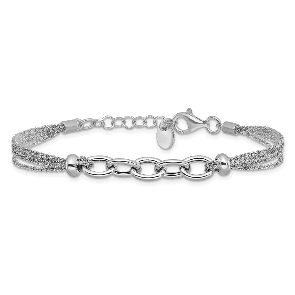 Sterling Silver Ss Rh Plated Polished Multi Strand Link W/ 1In Ext. Bracelet
