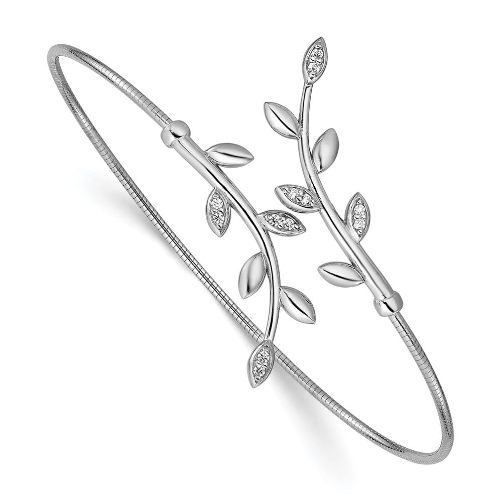Sterling Silver Ss Rhodium Plated Polished Cz Leaf Bypass Flexible Cuff Bangle