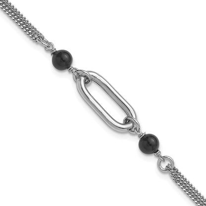 Sterling Silver Ss Rh Pltd Black Glass Pearl 2 Strand Link 1In Ext Bracelet