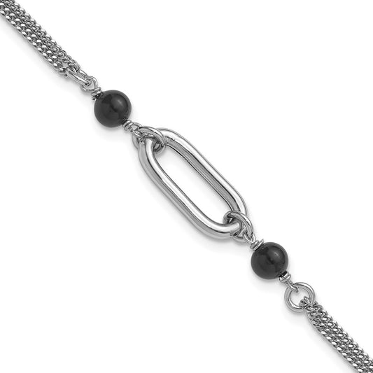 Sterling Silver Ss Rh Pltd Black Glass Pearl 2 Strand Link 1In Ext Bracelet
