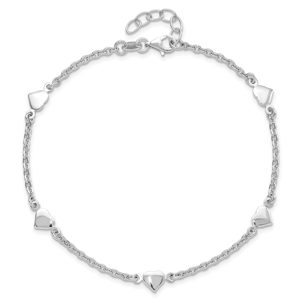Sterling Silver Rh-Plated Polished Heart 9In With 1In Ext. Anklet