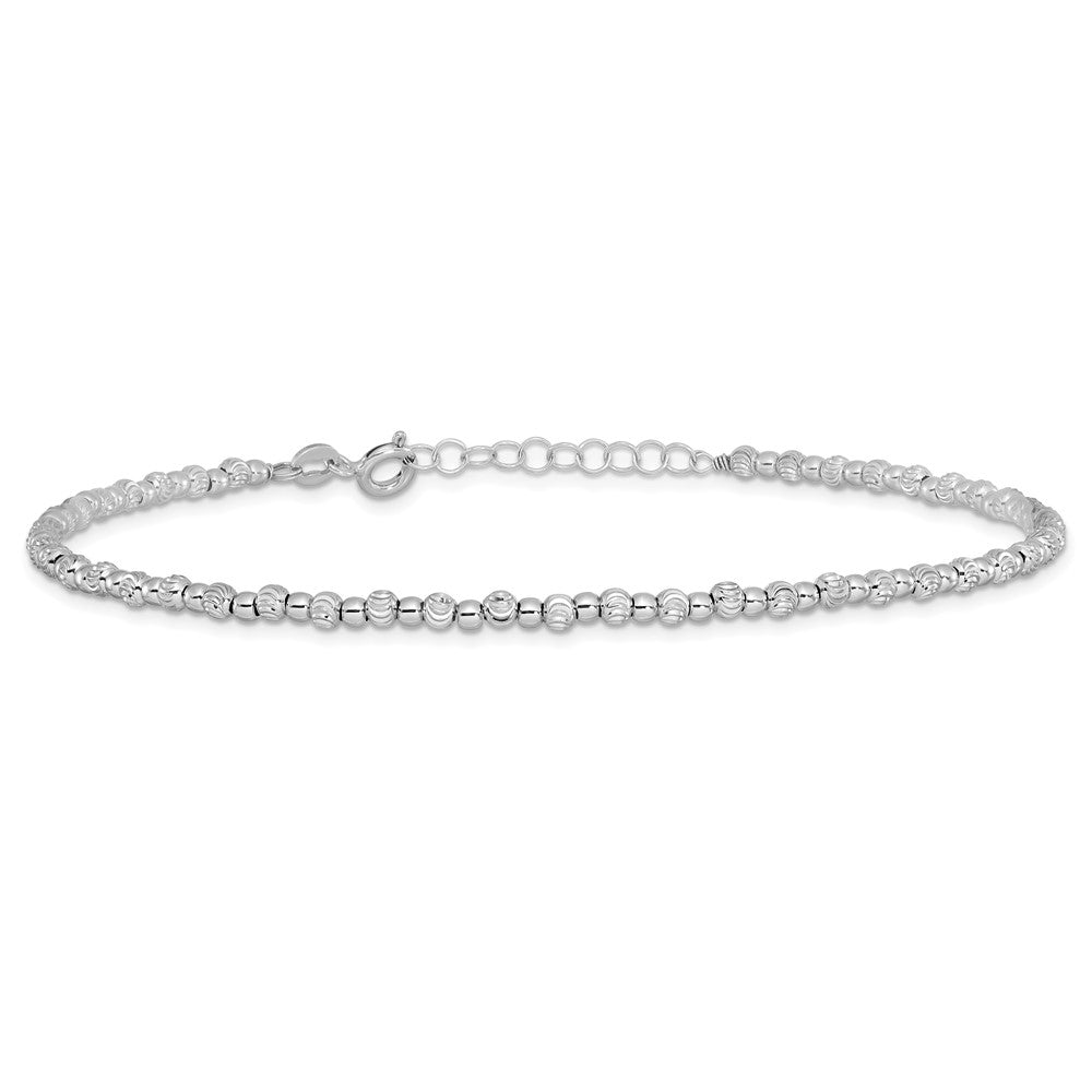 Sterling Silver Rhodium D/C Beaded W/1In Ext. Anklet