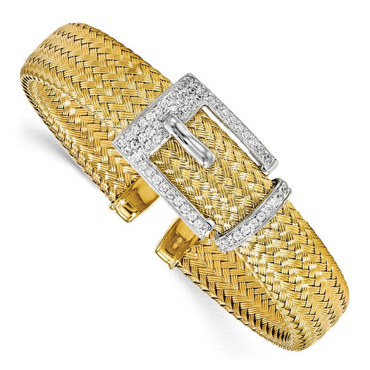 Ss/Gold Plated Sterling Silver Gold-Plated Cz Polished Woven Cuff Bangle
