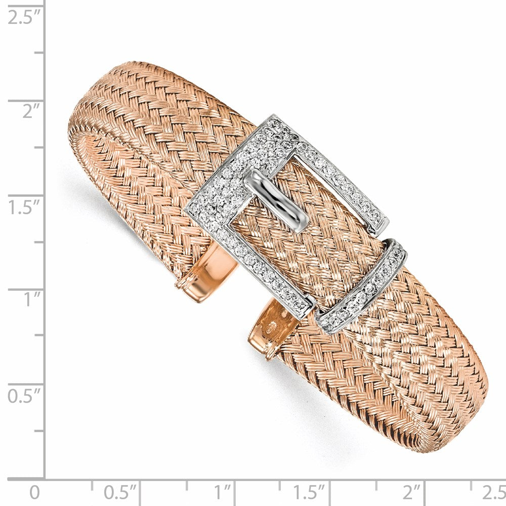 Ss/Gold Plated Sterling Silver Rose Gold-Plated Cz Polished Woven Cuff Bangle