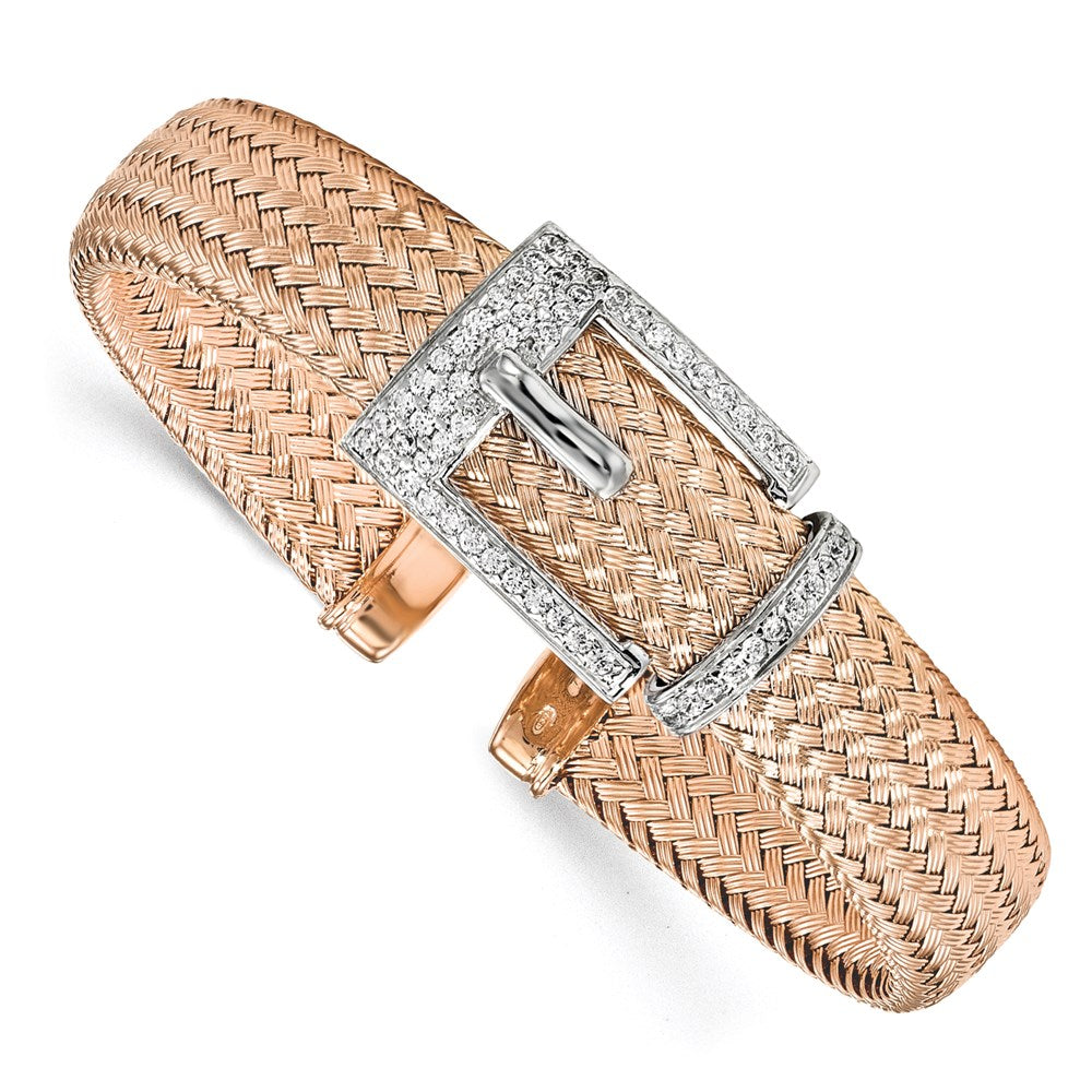 Ss/Gold Plated Sterling Silver Rose Gold-Plated Cz Polished Woven Cuff Bangle