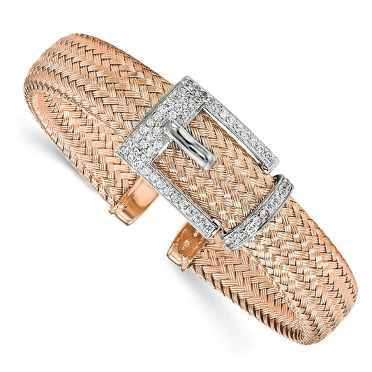 Ss/Gold Plated Sterling Silver Rose Gold-Plated Cz Polished Woven Cuff Bangle