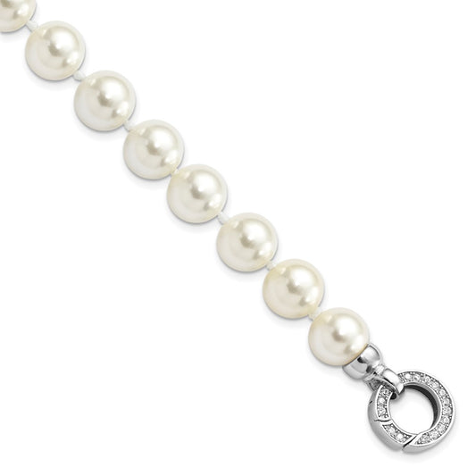 7.5 Inch Majestik Sterling Silver Rhodium-Plated 10-11mm White Imitation Shell Pearl Hand-Knotted Fancy Bracelet