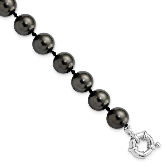 7.5 Inch Majestik Sterling Silver Rhodium-Plated 10-11mm Black Imitation Shell Pearl Hand-Knotted Bracelet