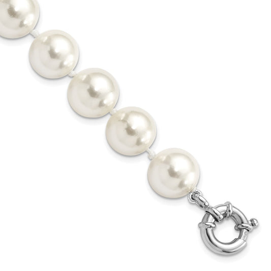 Sterling Silver Majestik Rhodium-Plated 12-13mm White Imitation Shell Pearl Hand-Knotted Bracelet