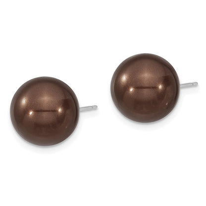 Sterling Silver Majestik Rhodium-Plated 12-13mm Brown Imitation Shell Pearl Stud Earrings