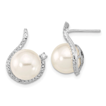 Sterling Silver Majestik Rhodium-Plated 10-12mm White Imitation Shell Pearl And Cz Earrings Spring Ring Clasp 17 Inch Necklace Set