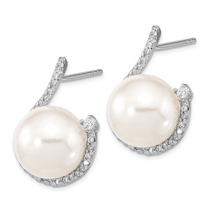 Sterling Silver Majestik Rhodium-Plated 10-12mm White Imitation Shell Pearl And Cz Earrings Spring Ring Clasp 17 Inch Necklace Set