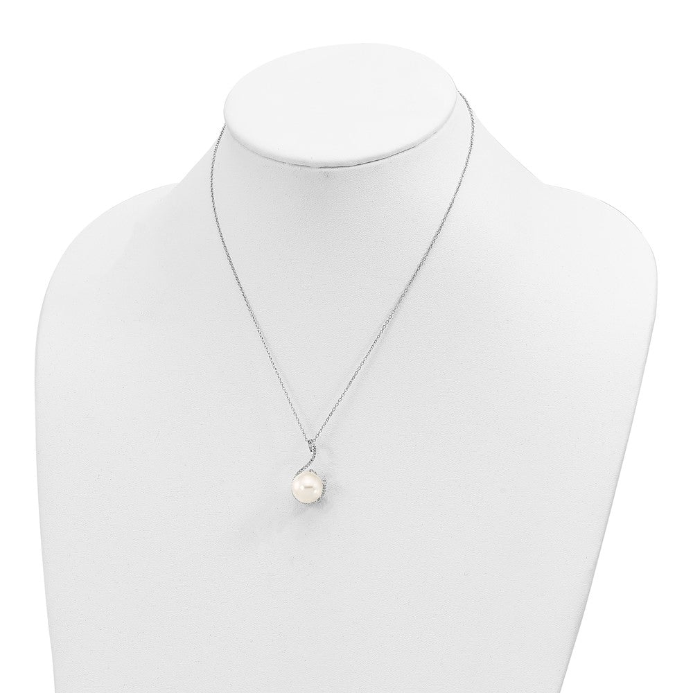 Sterling Silver Majestik Rhodium-Plated 10-12mm White Imitation Shell Pearl And Cz Earrings Spring Ring Clasp 17 Inch Necklace Set