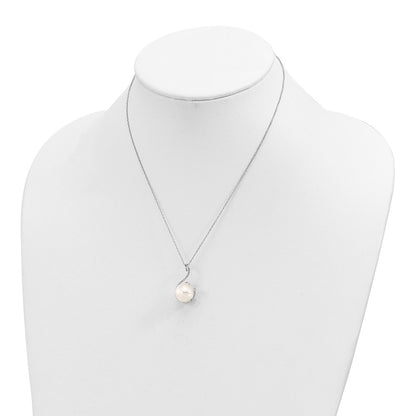 Sterling Silver Majestik Rhodium-Plated 10-12mm White Imitation Shell Pearl And Cz Earrings Spring Ring Clasp 17 Inch Necklace Set