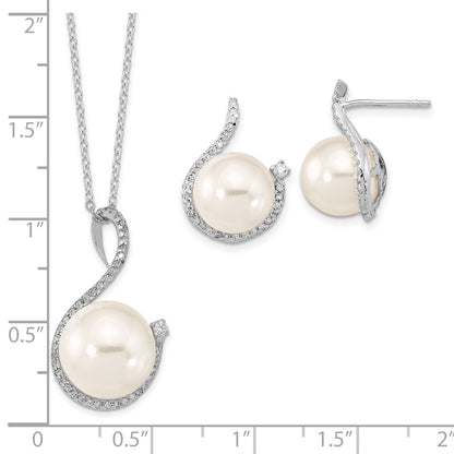 Sterling Silver Majestik Rhodium-Plated 10-12mm White Imitation Shell Pearl And Cz Earrings Spring Ring Clasp 17 Inch Necklace Set