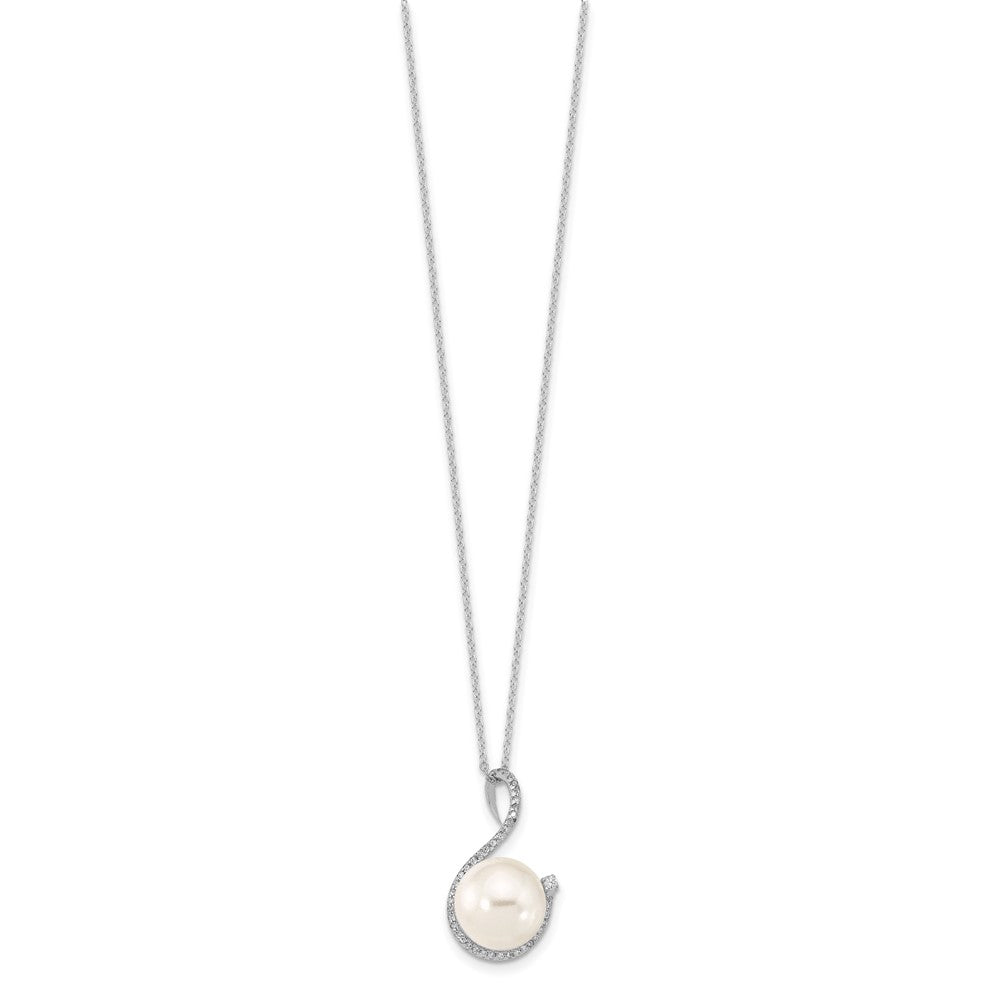 Sterling Silver Majestik Rhodium-Plated 10-12mm White Imitation Shell Pearl And Cz Earrings Spring Ring Clasp 17 Inch Necklace Set