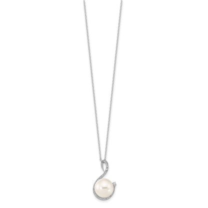 Sterling Silver Majestik Rhodium-Plated 10-12mm White Imitation Shell Pearl And Cz Earrings Spring Ring Clasp 17 Inch Necklace Set