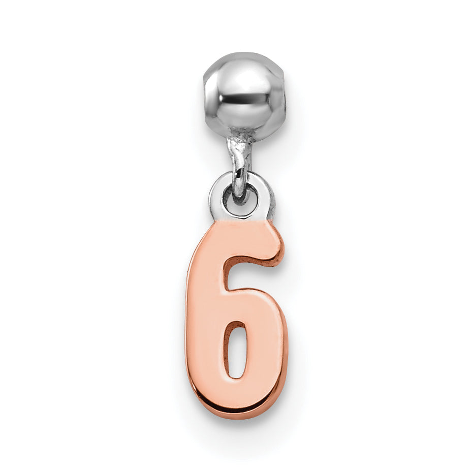 Sterling Silver Mio Memento Rhodium-Plated Rose-Tone Dangle Number 6 Charm
