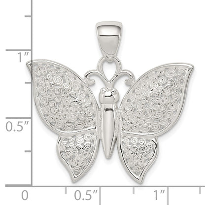 Sterling Silver Rhodium-Plated Polished/Textured Butterfly Pendant