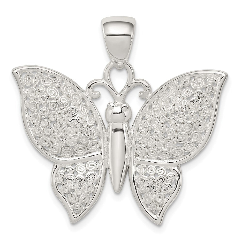 Sterling Silver Rhodium-Plated Polished/Textured Butterfly Pendant