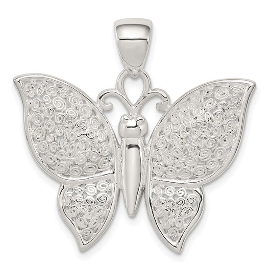Sterling Silver Rhodium-Plated Polished/Textured Butterfly Pendant
