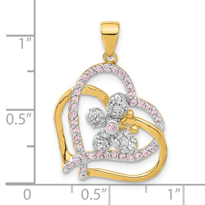 Sterling Silver Flash Gold-Plated Pink & Clear Cz Heart Butterfly Pendant