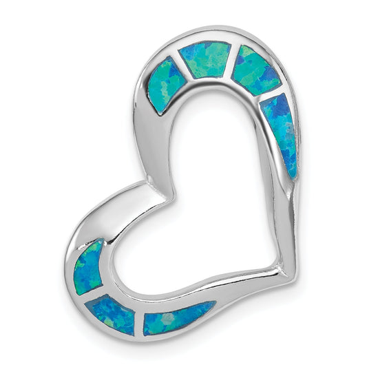 Sterling Silver Rhodium-Plated Blue Inlay Created Opal Heart Pendant