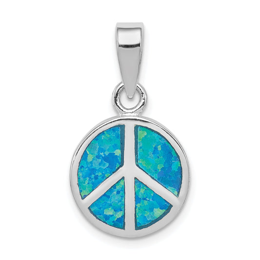 Sterling Silver Rhodium-Plated Blue Inlay Created Opal Peace Sign Pendant
