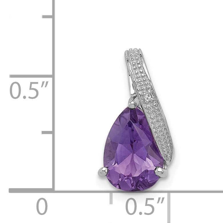 Sterling Silver Rhodium Plated Diamond And Amethyst Teardrop Pendant