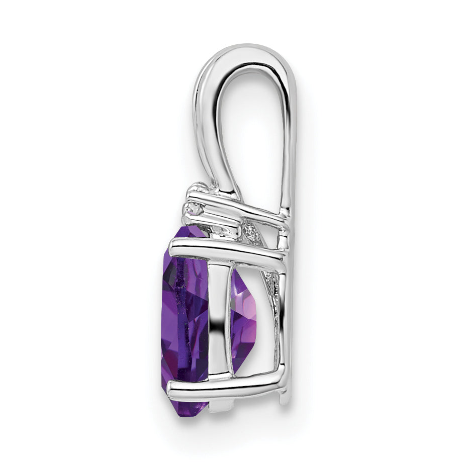 Sterling Silver Rhodium Plated Diamond And Amethyst Oval Pendant