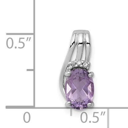 Sterling Silver Rhodium Plated Diamond And Amethyst Oval Pendant