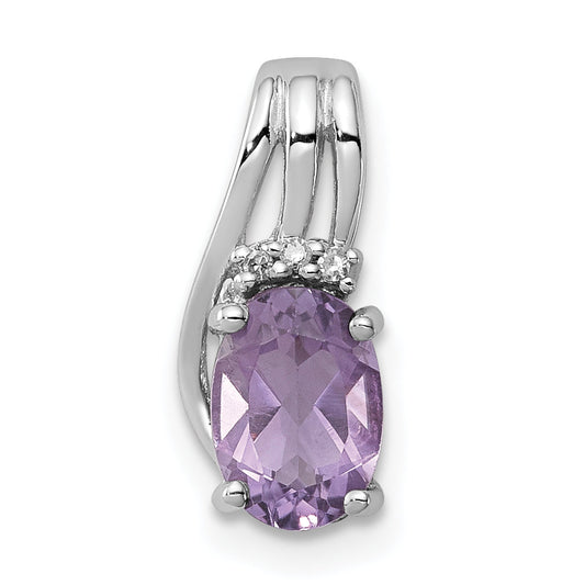 Sterling Silver Rhodium Plated Diamond And Amethyst Oval Pendant