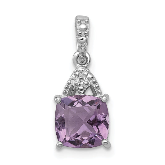 Sterling Silver Rhodium Plated Diamond And Amethyst Cushion Pendant
