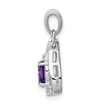 Sterling Silver Rhodium Plated Diamond And Amethyst Oval Pendant
