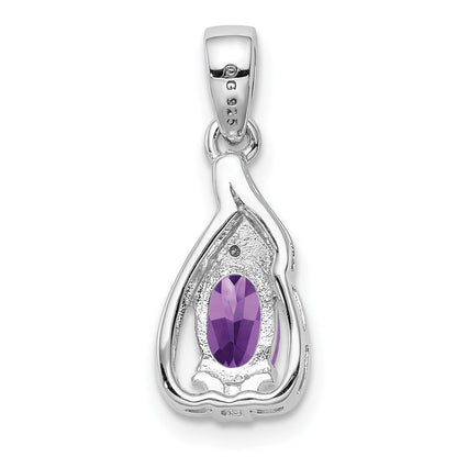 Sterling Silver Rhodium Plated Diamond And Amethyst Oval Pendant