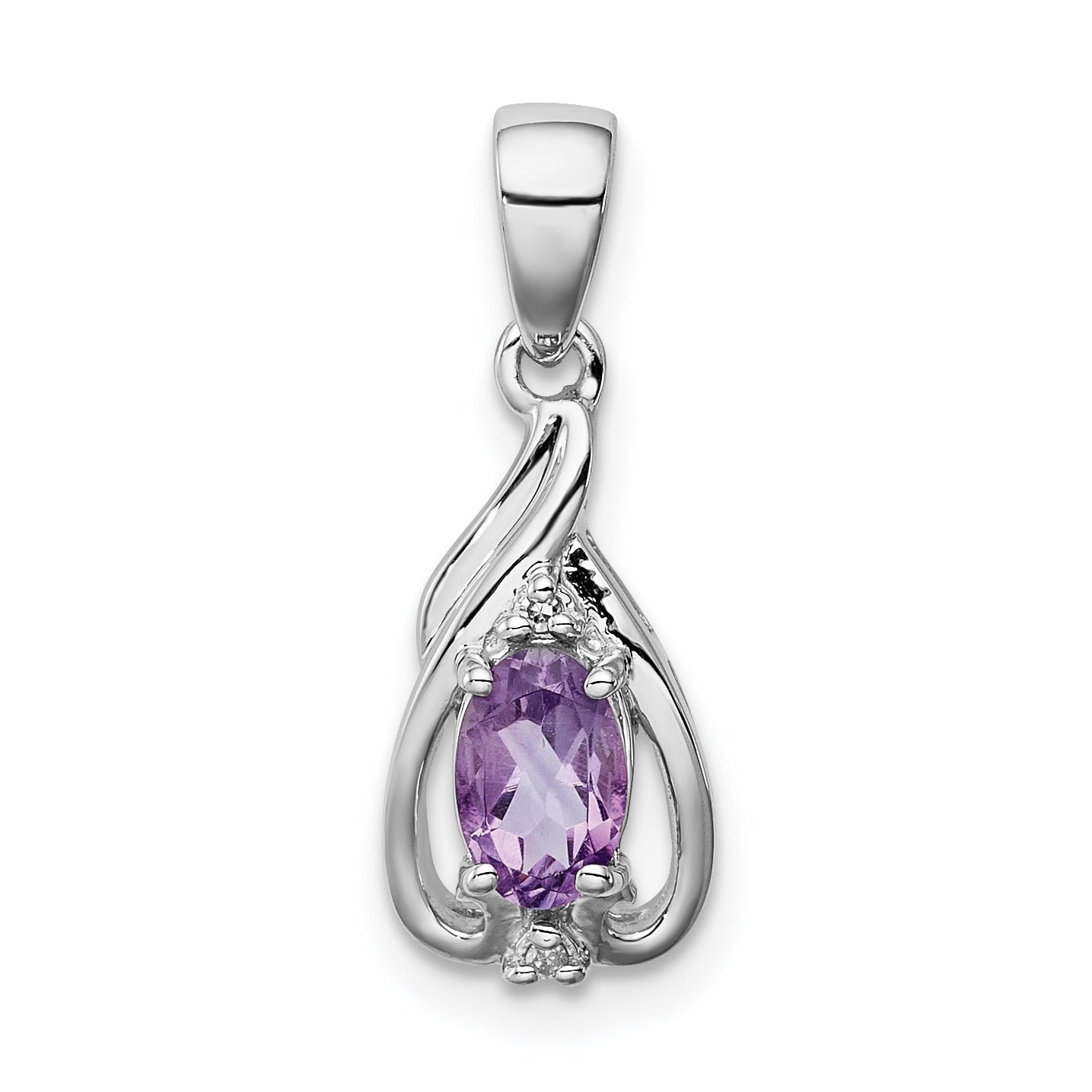 Sterling Silver Rhodium Plated Diamond And Amethyst Oval Pendant