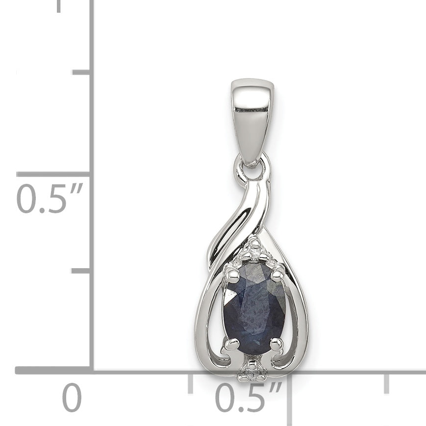 Sterling Silver Rhodium Plated Diamond & Sapphire Oval Pendant