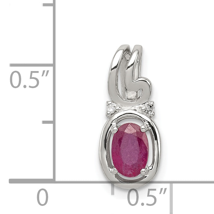 Sterling Silver Rhodium Plated Diamond & Ruby Oval Pendant