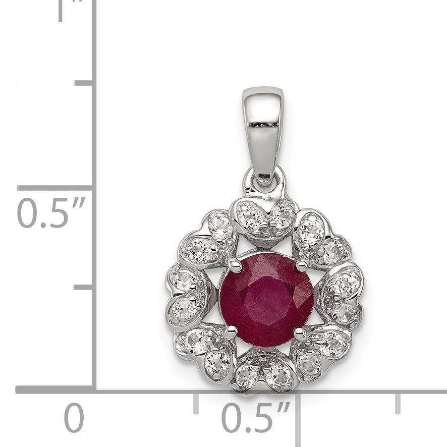 Sterling Silver Rhodium Plated White Topaz & Ruby Pendant