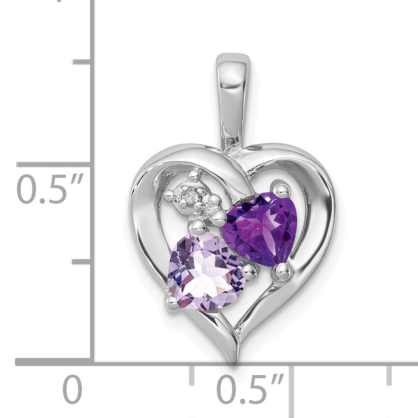 Sterling Silver Rh Plated Amethyst Light Pink Quartz And Diamond Pendant
