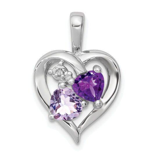 Sterling Silver Rh Plated Amethyst Light Pink Quartz And Diamond Pendant