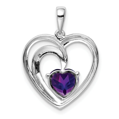 Sterling Silver Rhodium Plated Diamond And Amethyst Heart Pendant