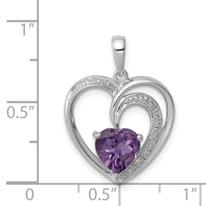 Sterling Silver Rhodium Plated Diamond And Amethyst Heart Pendant